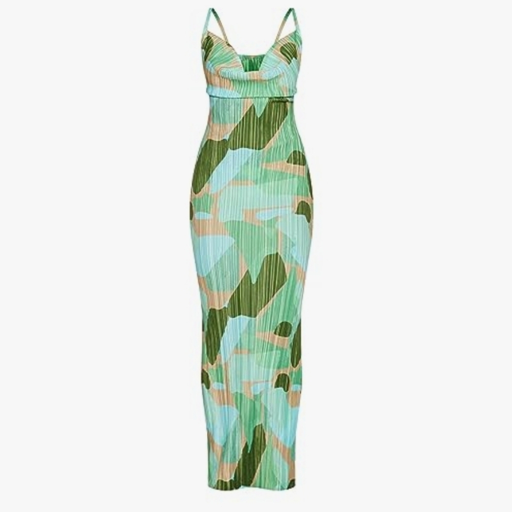 ABSTRACT SHAPES PATTERN PLEATED MAXI SUMMER DRESS